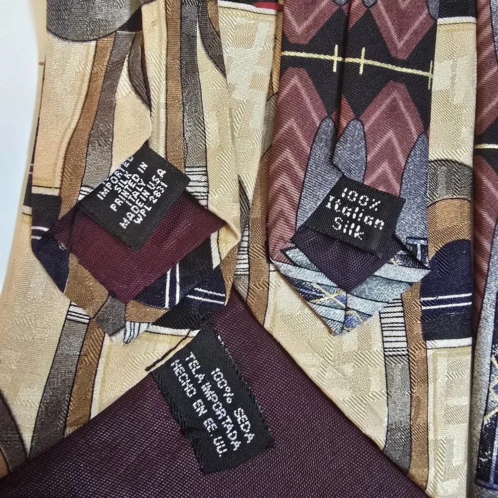 Lot x2 CONTE DI MILANO Men's Neck Tie Art Deco Geometric Gold 100% Silk Imported